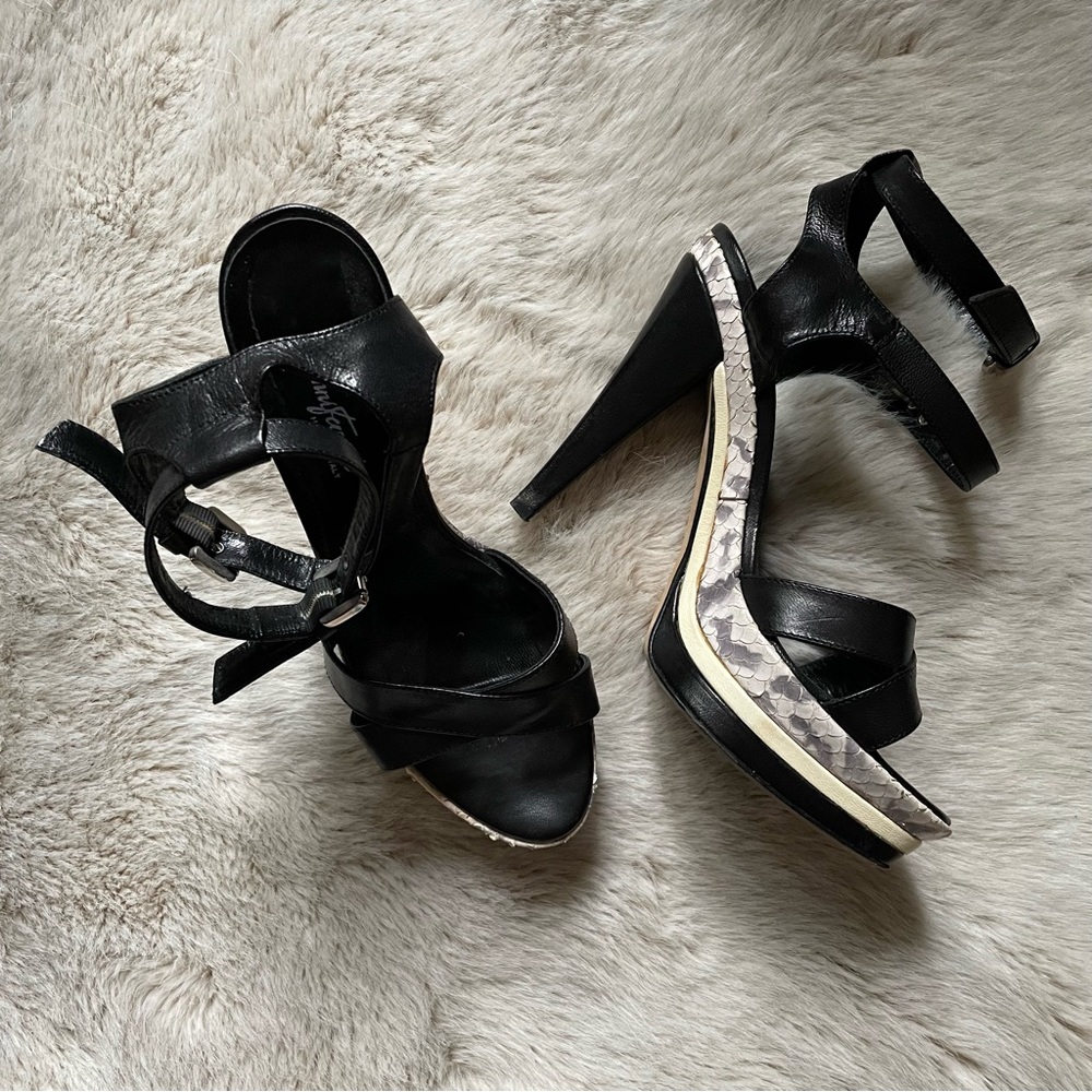Gianni Ferrante Platform High Heels | Black Leather and Snakeskin | Size 39